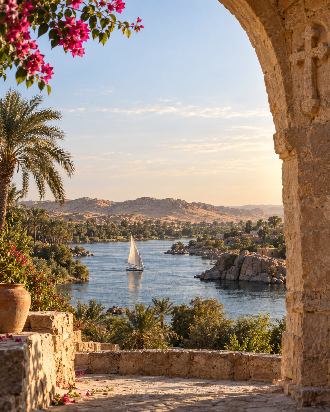 A felucca sailing on the Nile in Aswan, near Philae Temple